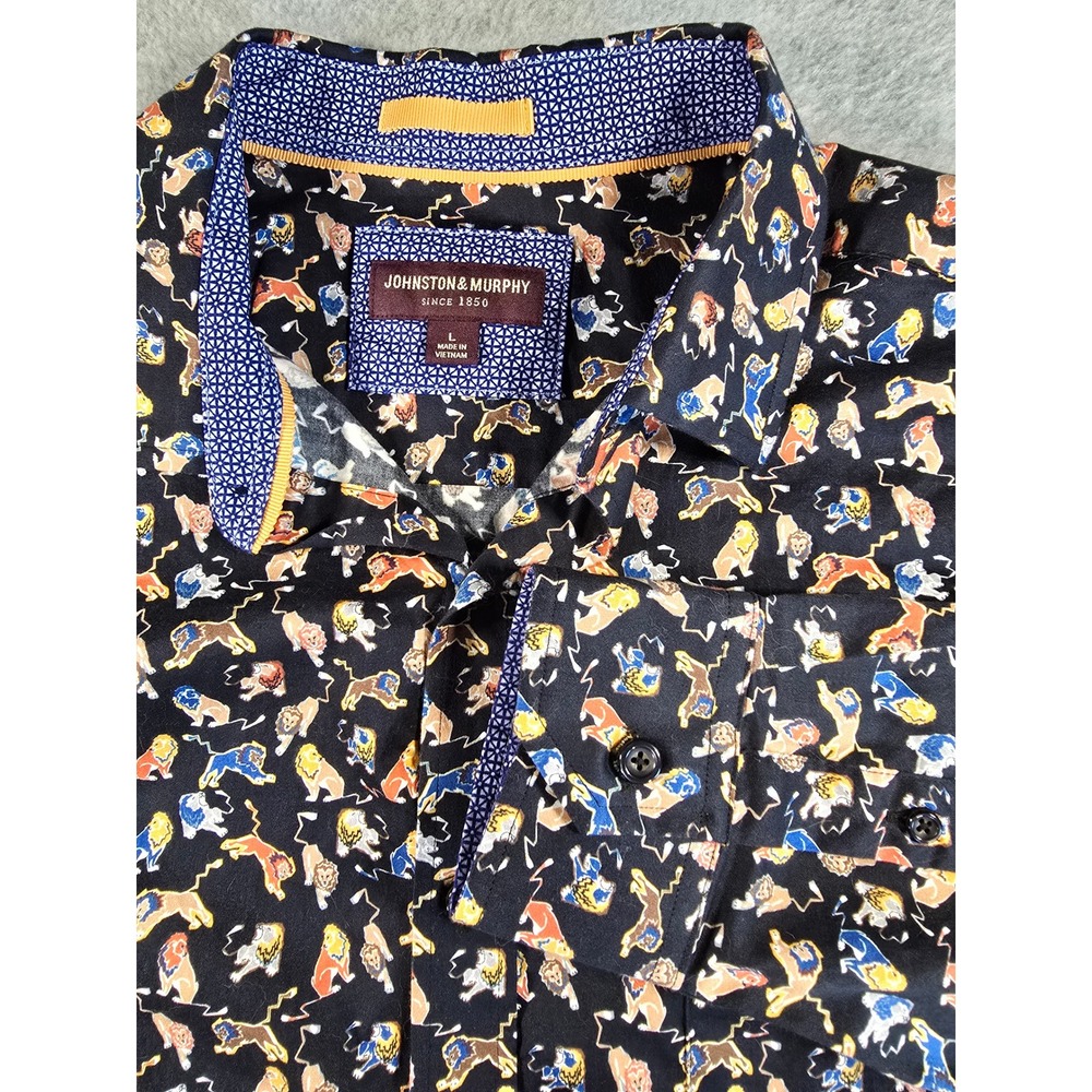 Johnston & Murphy Mens Large Lion Print Button Down Shirt Black Cotton Business